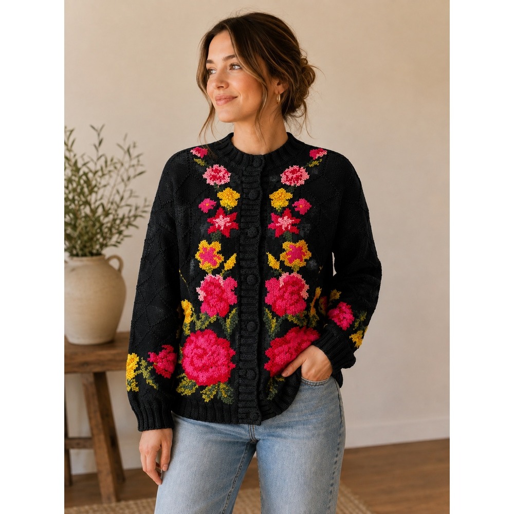 Vintage Lydia Jane Floral Sweater Women M Cotton Blend Button Front Cottagecore